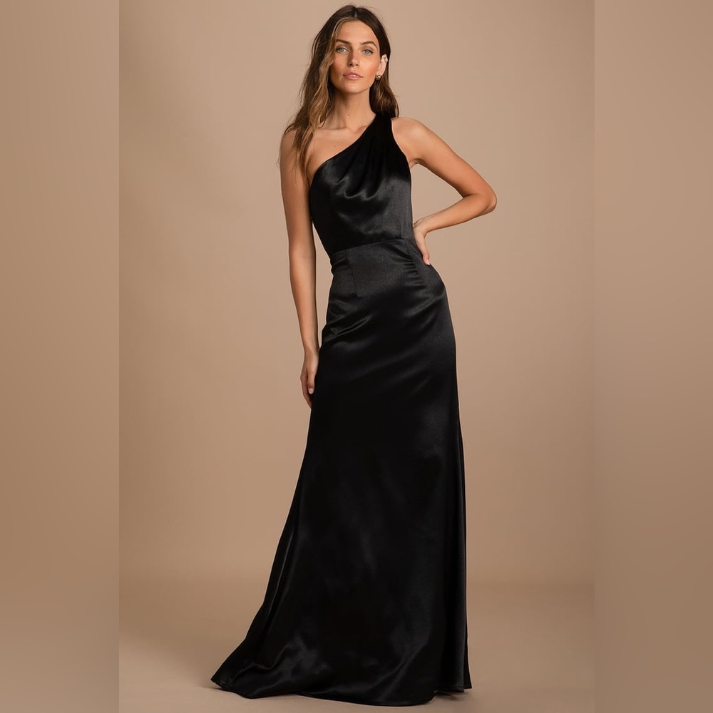 BRAND NEW! On the Guest List Black Satin One-Shoulder Maxi Dress
